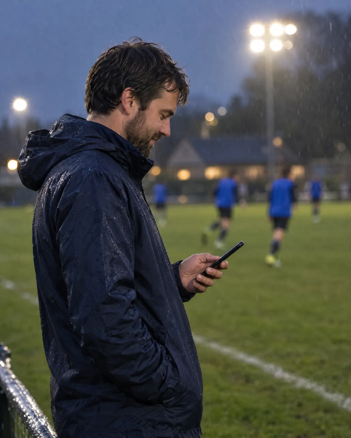 Trainer steht im Regen am Spielfeldrand und schaut auf sein Handy, im Hintergrund trainiert die Mannschaft unter Flutlicht