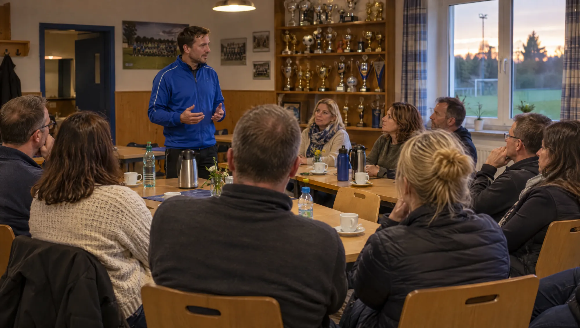 Trainer spricht beim Elternabend im Vereinsheim zu Eltern, die an Tischen sitzen