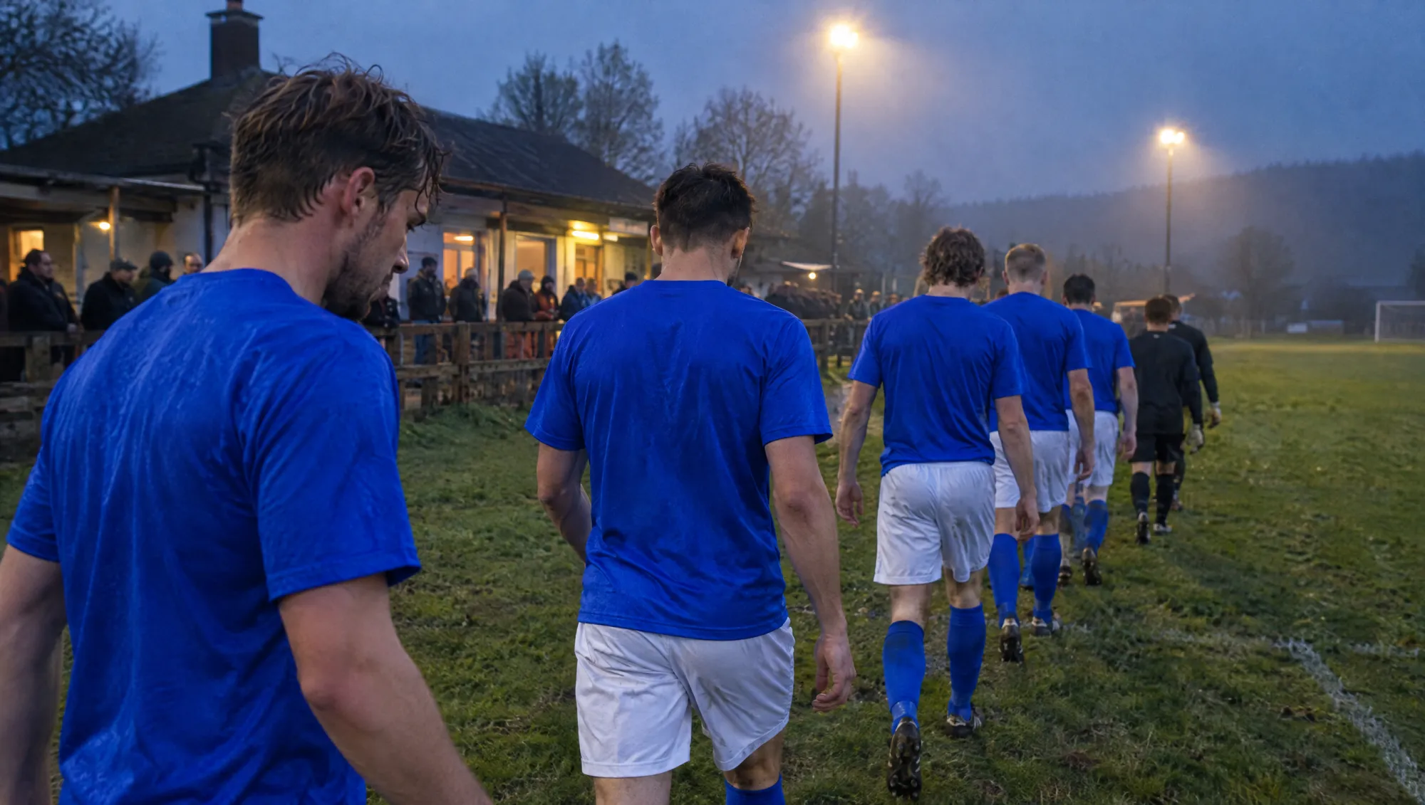 Spieler in blauen Trikots gehen am Abend unter Flutlicht vom Vereinsheim zum Platz
