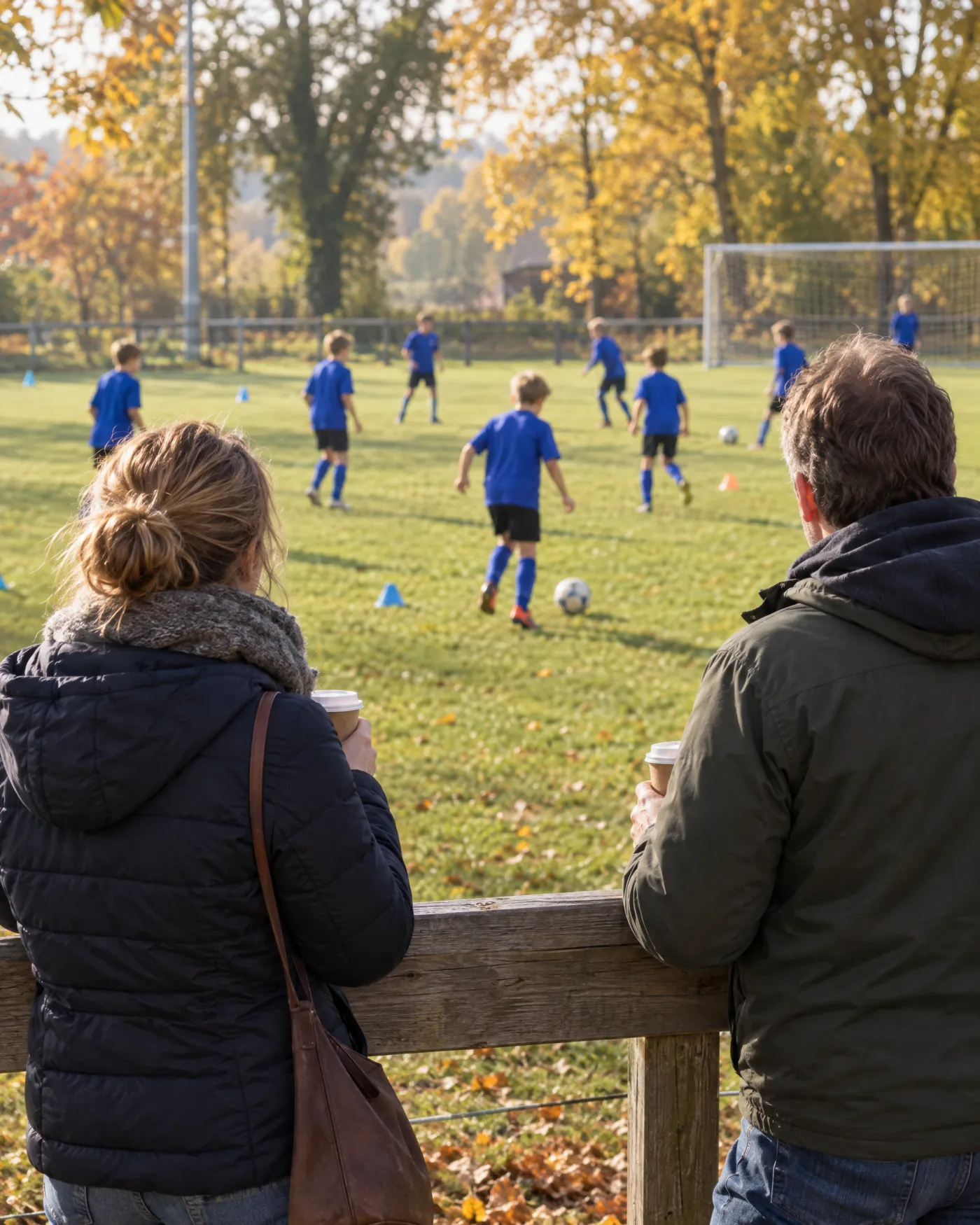 Zwei Eltern mit Kaffeebechern stehen am Holzgeländer und schauen beim Jugendtraining im Herbst zu