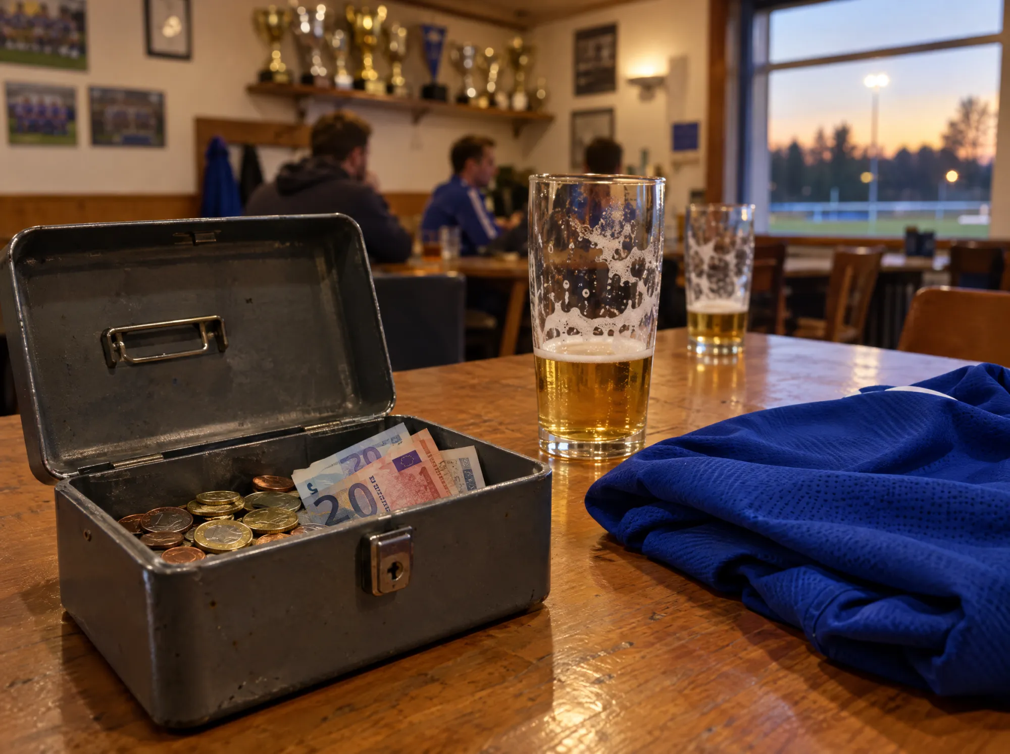 Geldkassette mit Münzen und Scheinen auf einem Tisch im Vereinsheim