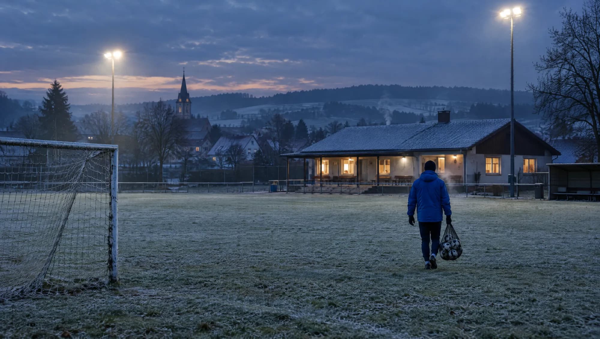 Winterabend auf dem Sportplatz: ein Betreuer geht mit dem Ballnetz über den gefrorenen Rasen zum beleuchteten Vereinsheim